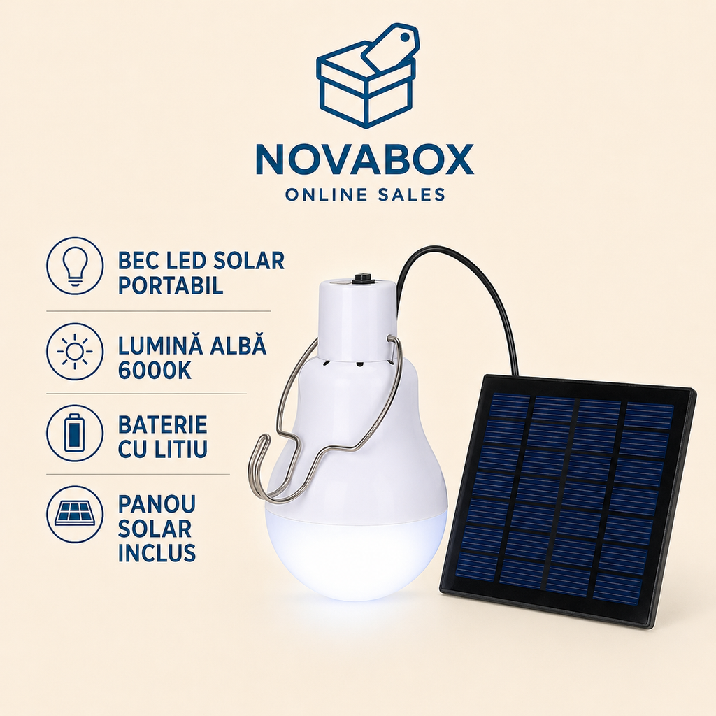 Bec LED Solar Portabil NOVABOX, cu Panou Solar, Baterie cu Litiu și Cârlig Metalic, Lumină Albă 6000K