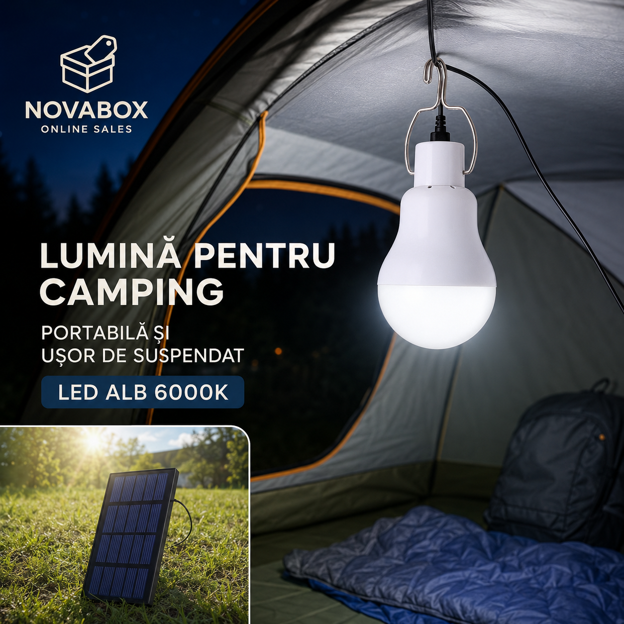 Bec LED Solar Portabil NOVABOX, cu Panou Solar, Baterie cu Litiu și Cârlig Metalic, Lumină Albă 6000K