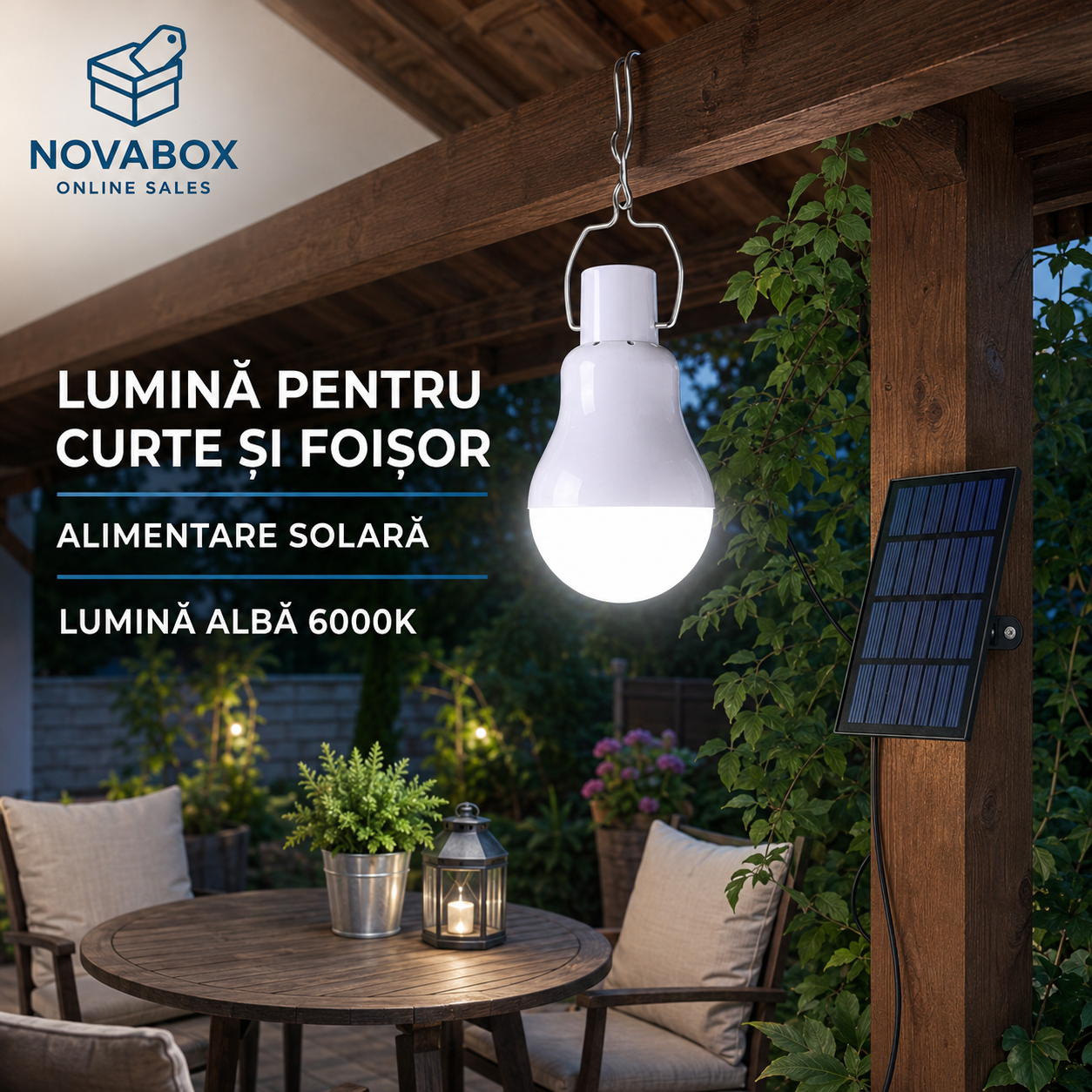 Bec LED Solar Portabil NOVABOX, cu Panou Solar, Baterie cu Litiu și Cârlig Metalic, Lumină Albă 6000K