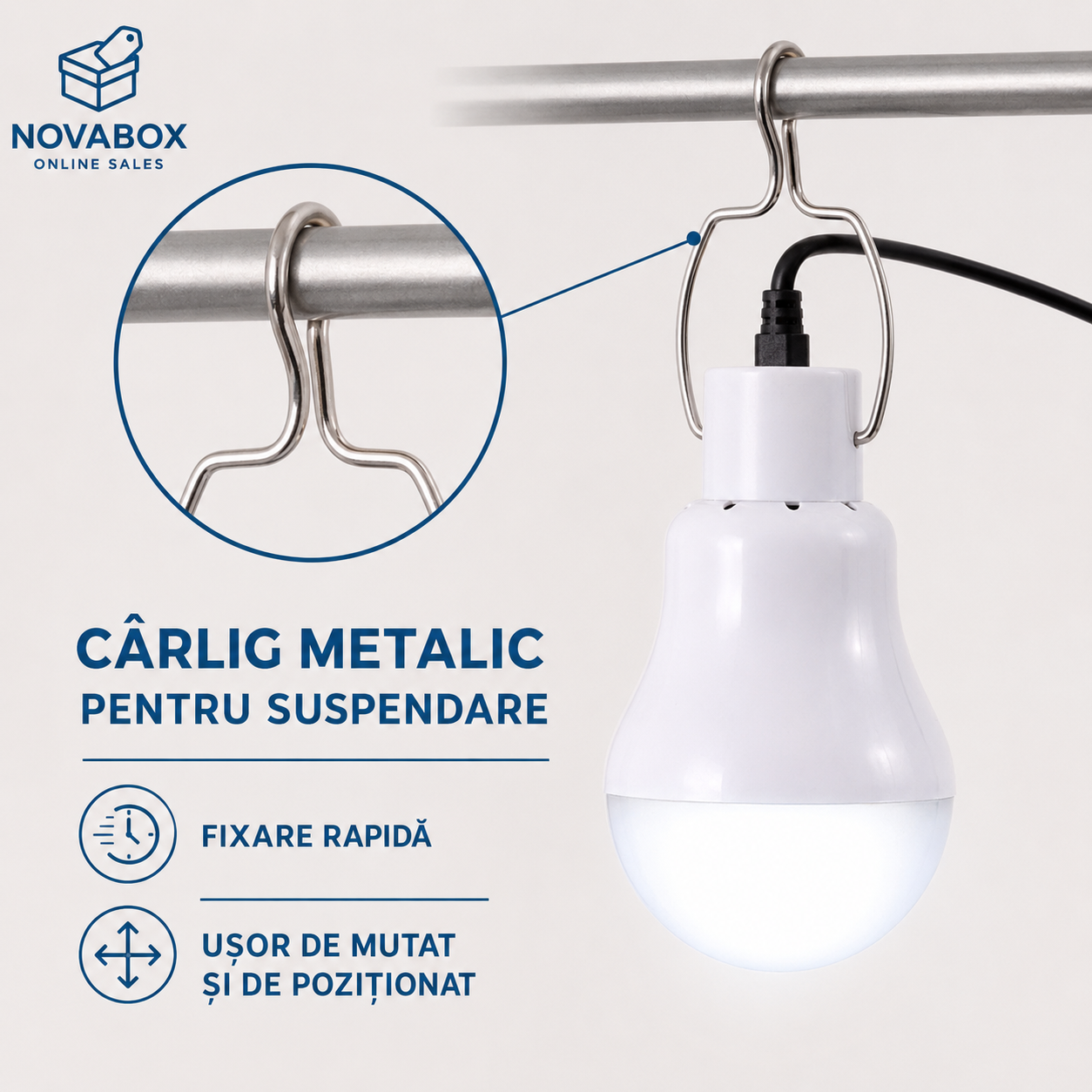 Bec LED Solar Portabil NOVABOX, cu Panou Solar, Baterie cu Litiu și Cârlig Metalic, Lumină Albă 6000K