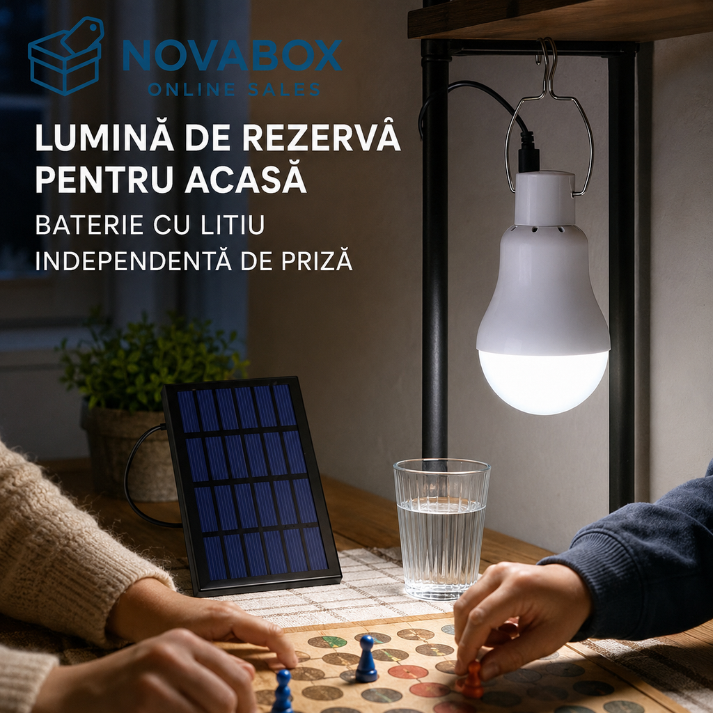 Bec LED Solar Portabil NOVABOX, cu Panou Solar, Baterie cu Litiu și Cârlig Metalic, Lumină Albă 6000K