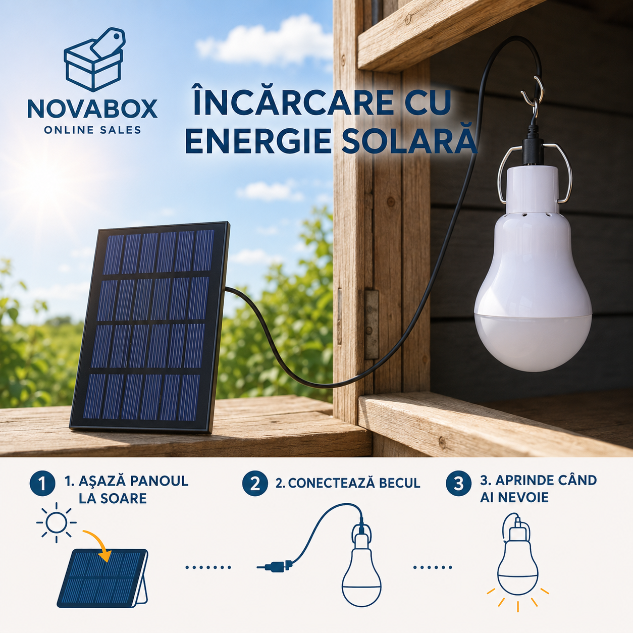 Bec LED Solar Portabil NOVABOX, cu Panou Solar, Baterie cu Litiu și Cârlig Metalic, Lumină Albă 6000K
