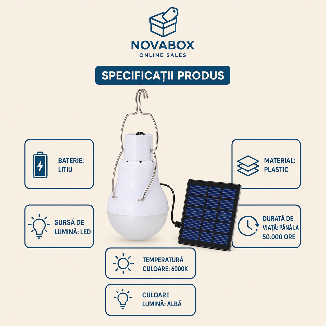 Bec LED Solar Portabil NOVABOX, cu Panou Solar, Baterie cu Litiu și Cârlig Metalic, Lumină Albă 6000K
