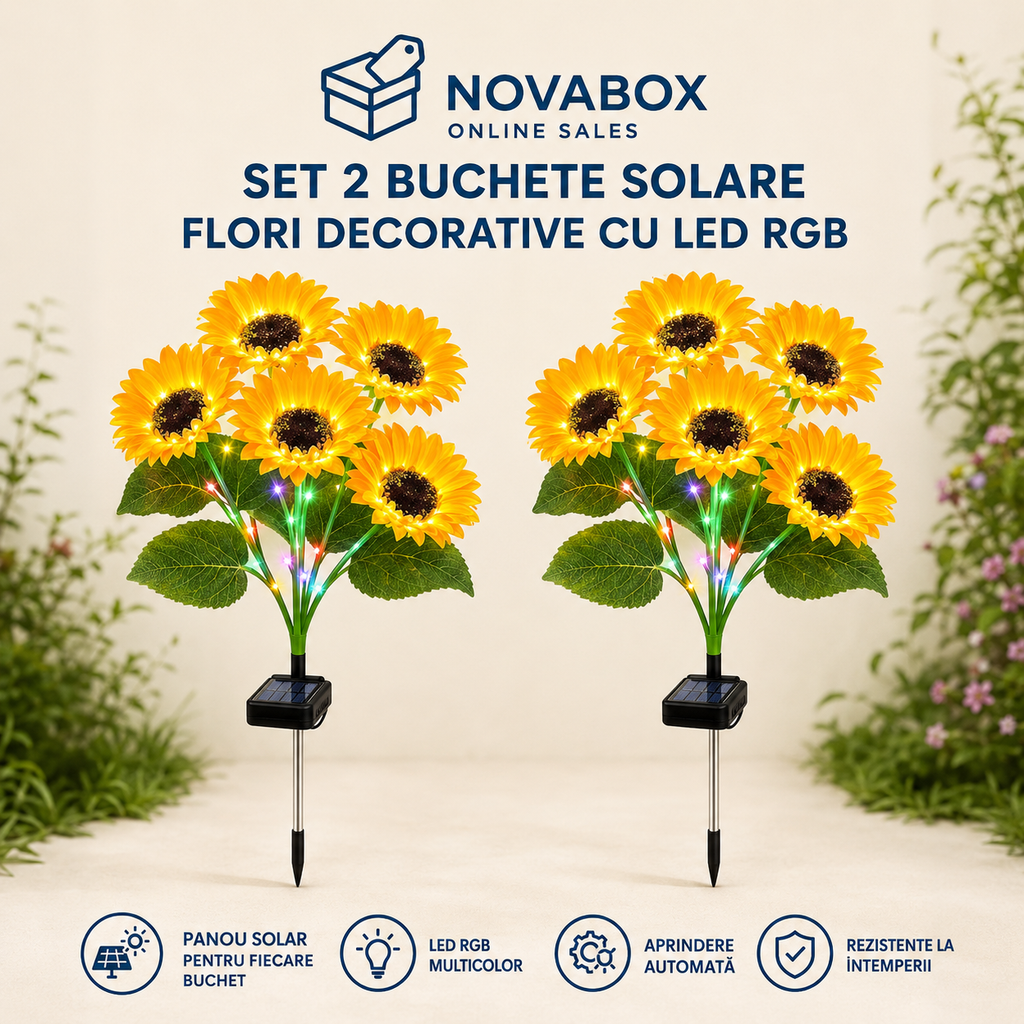 Set 2 Buchete Solare NOVABOX cu Flori LED RGB, Iluminare Automată, Rezistente la Ploaie, pentru Grădină și Alei