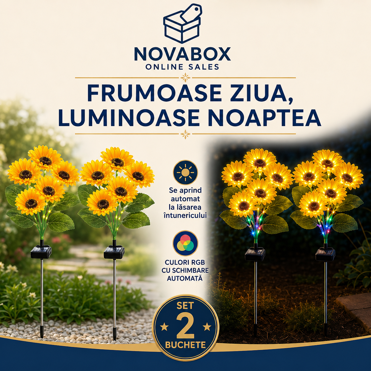 Set 2 Buchete Solare NOVABOX cu Flori LED RGB, Iluminare Automată, Rezistente la Ploaie, pentru Grădină și Alei