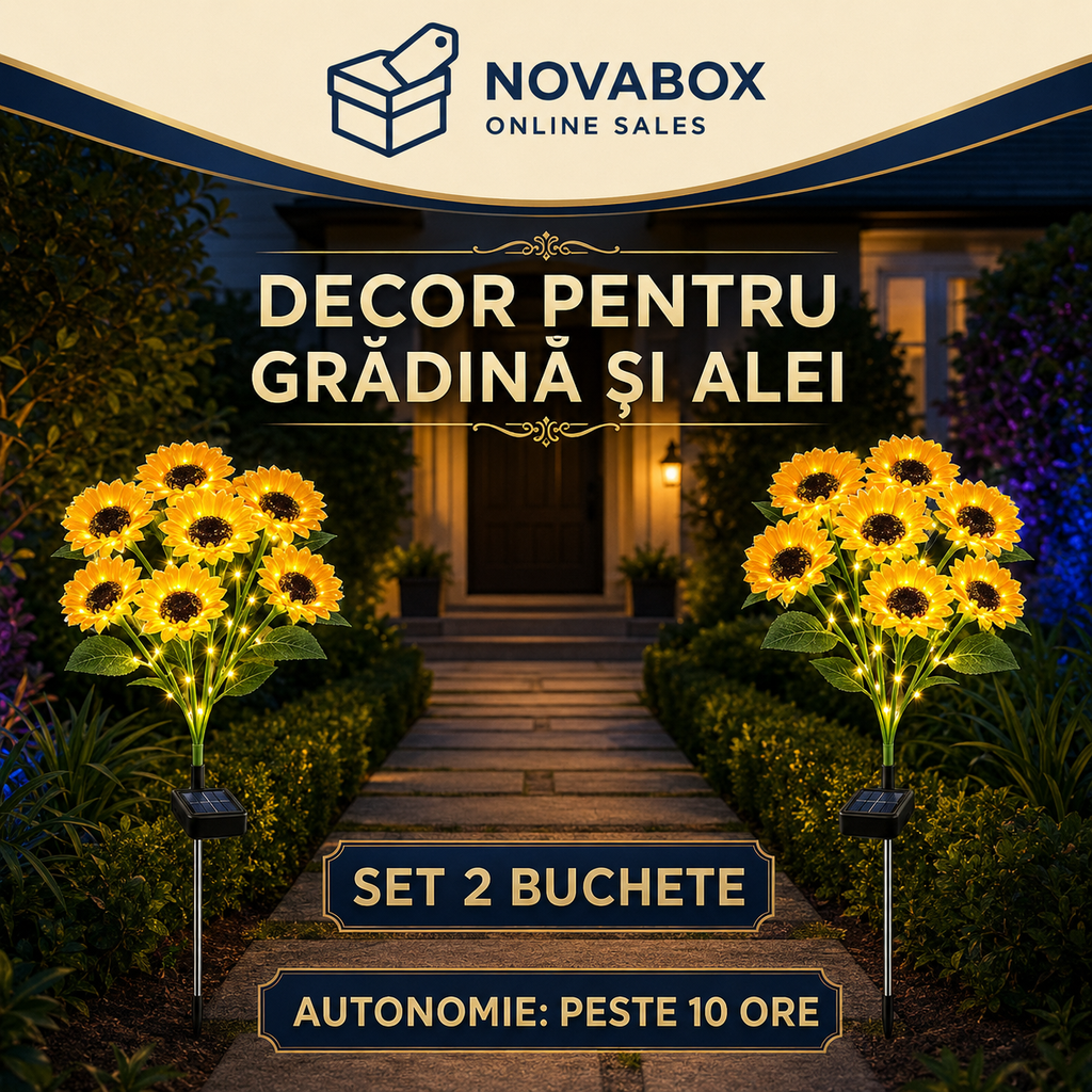 Set 2 Buchete Solare NOVABOX cu Flori LED RGB, Iluminare Automată, Rezistente la Ploaie, pentru Grădină și Alei