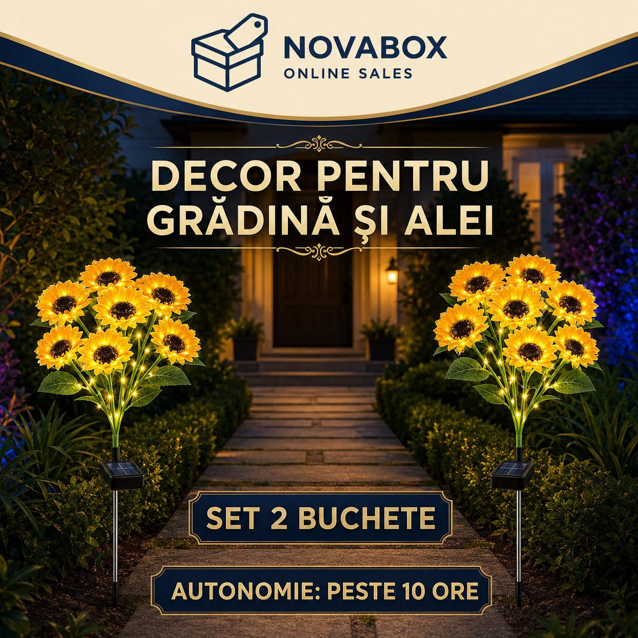 Set 2 Buchete Solare NOVABOX cu Flori LED RGB, Iluminare Automată, Rezistente la Ploaie, pentru Grădină și Alei