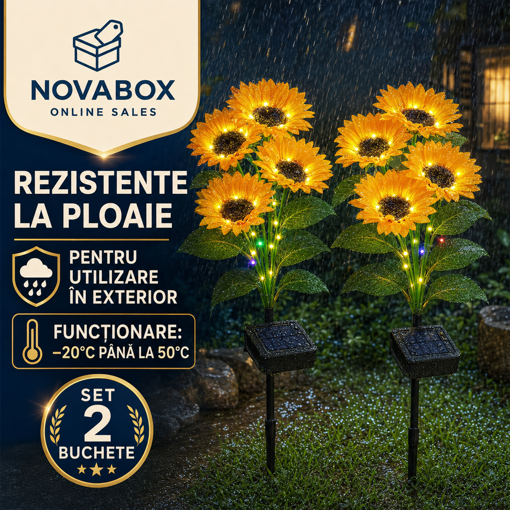 Set 2 Buchete Solare NOVABOX cu Flori LED RGB, Iluminare Automată, Rezistente la Ploaie, pentru Grădină și Alei