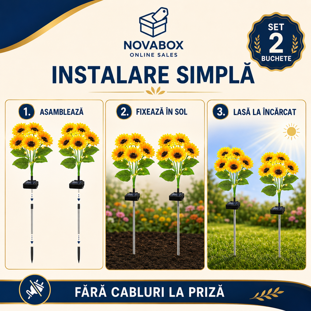 Set 2 Buchete Solare NOVABOX cu Flori LED RGB, Iluminare Automată, Rezistente la Ploaie, pentru Grădină și Alei