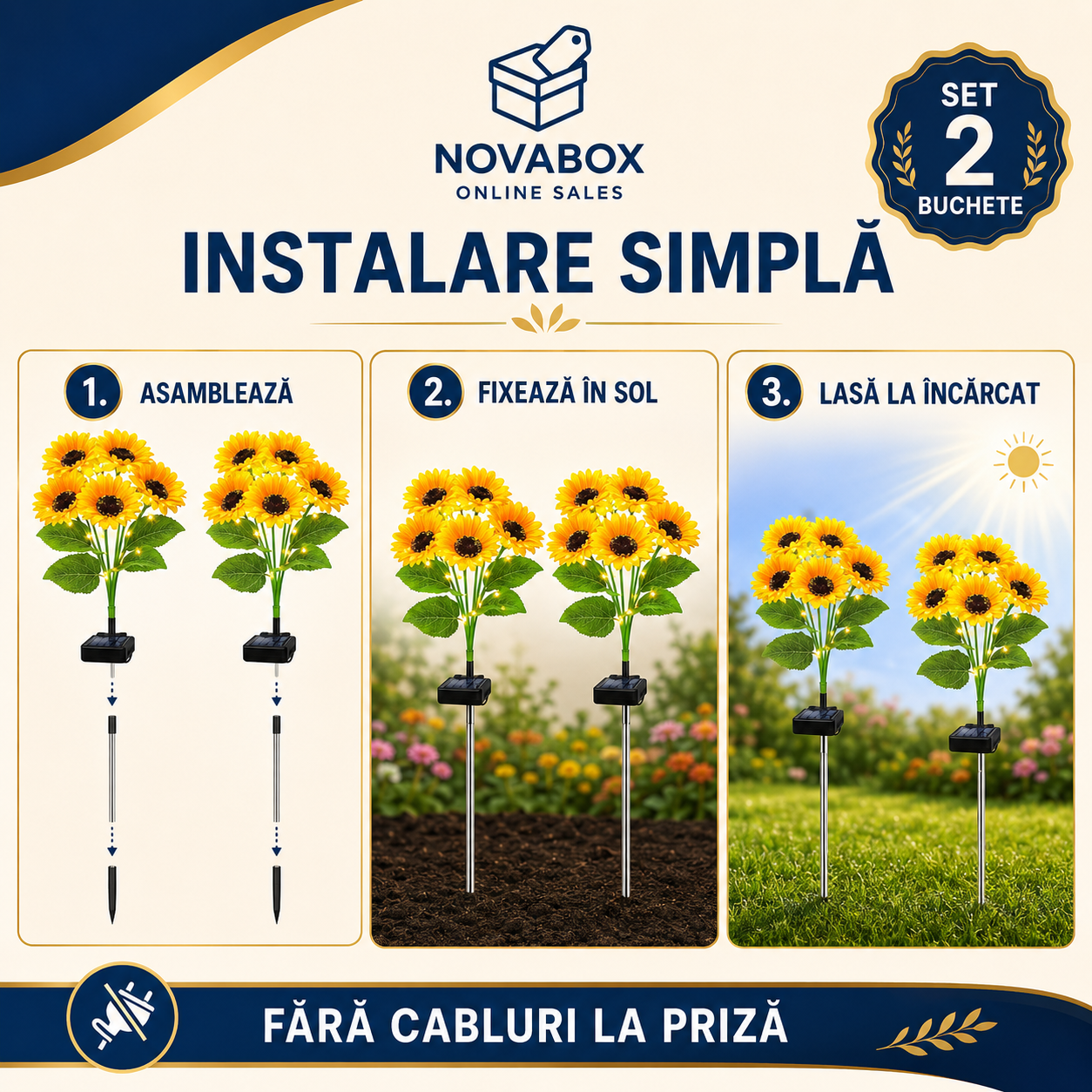 Set 2 Buchete Solare NOVABOX cu Flori LED RGB, Iluminare Automată, Rezistente la Ploaie, pentru Grădină și Alei