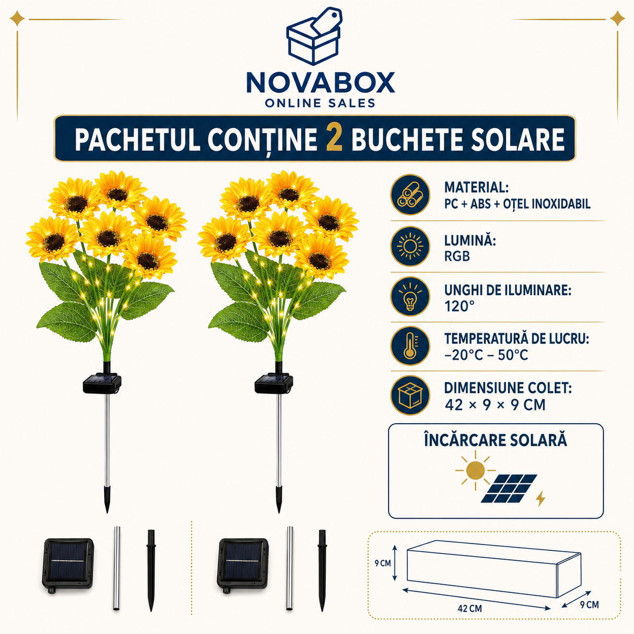 Set 2 Buchete Solare NOVABOX cu Flori LED RGB, Iluminare Automată, Rezistente la Ploaie, pentru Grădină și Alei