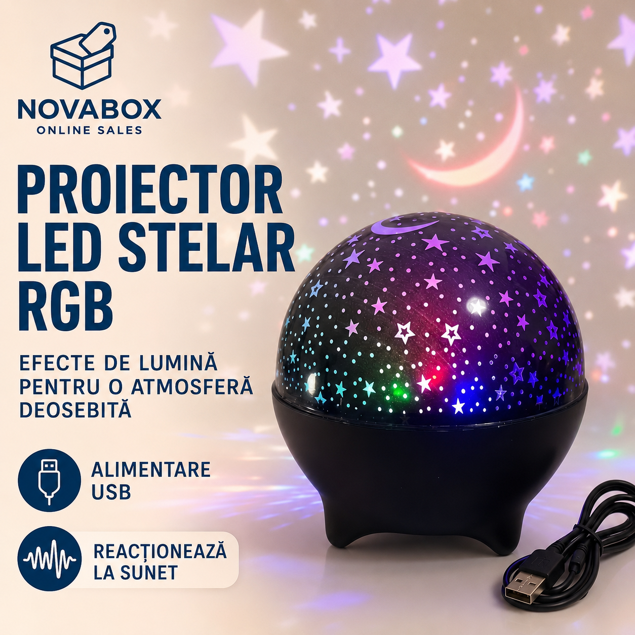 Proiector LED Stelar RGB NOVABOX cu Reacție la Muzică, Schimbare Automată a Culorilor și Alimentare USB