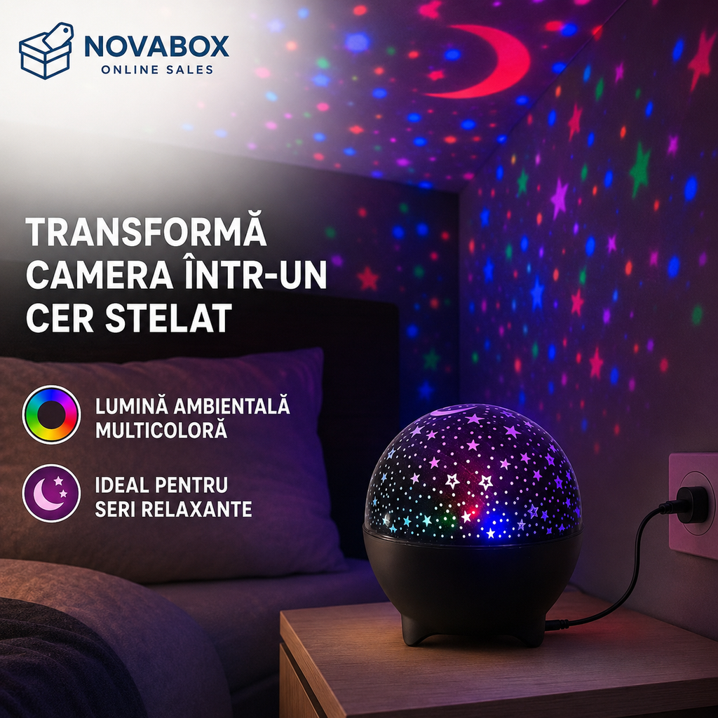 Proiector LED Stelar RGB NOVABOX cu Reacție la Muzică, Schimbare Automată a Culorilor și Alimentare USB