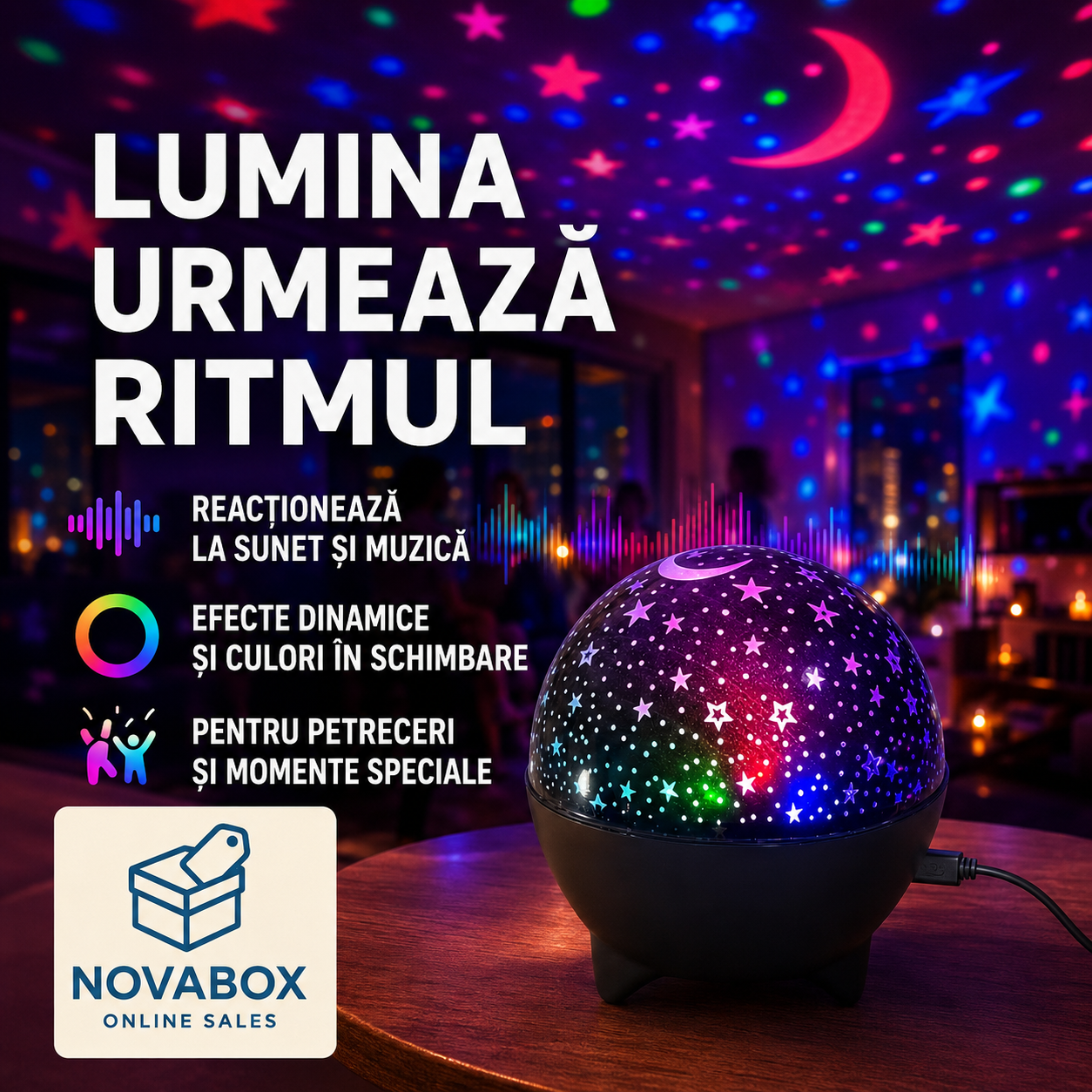 Proiector LED Stelar RGB NOVABOX cu Reacție la Muzică, Schimbare Automată a Culorilor și Alimentare USB