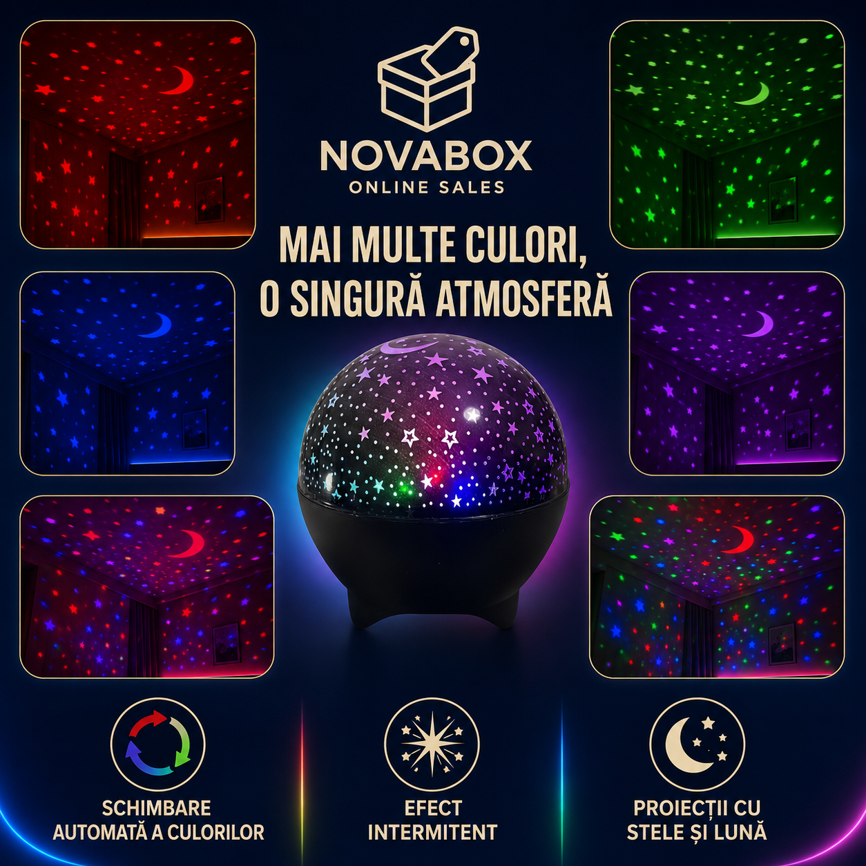 Proiector LED Stelar RGB NOVABOX cu Reacție la Muzică, Schimbare Automată a Culorilor și Alimentare USB