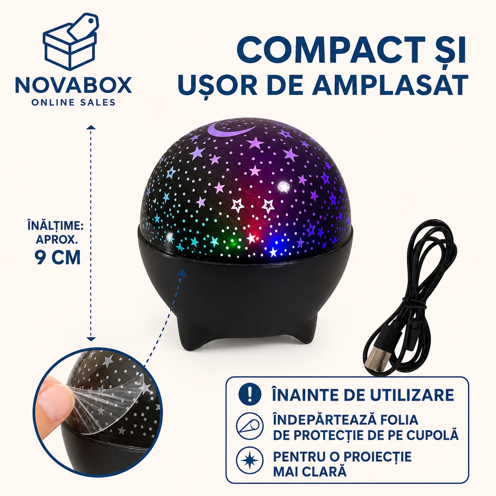 Proiector LED Stelar RGB NOVABOX cu Reacție la Muzică, Schimbare Automată a Culorilor și Alimentare USB