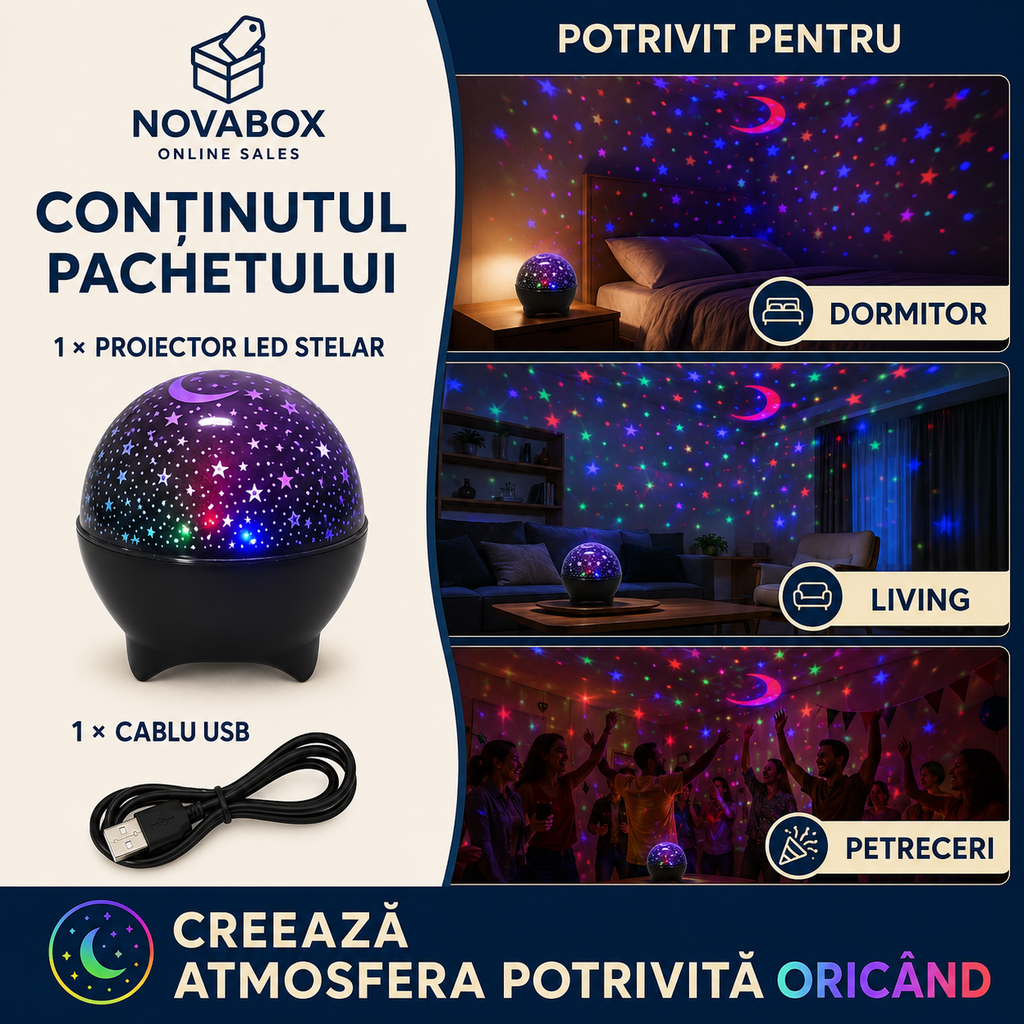 Proiector LED Stelar RGB NOVABOX cu Reacție la Muzică, Schimbare Automată a Culorilor și Alimentare USB