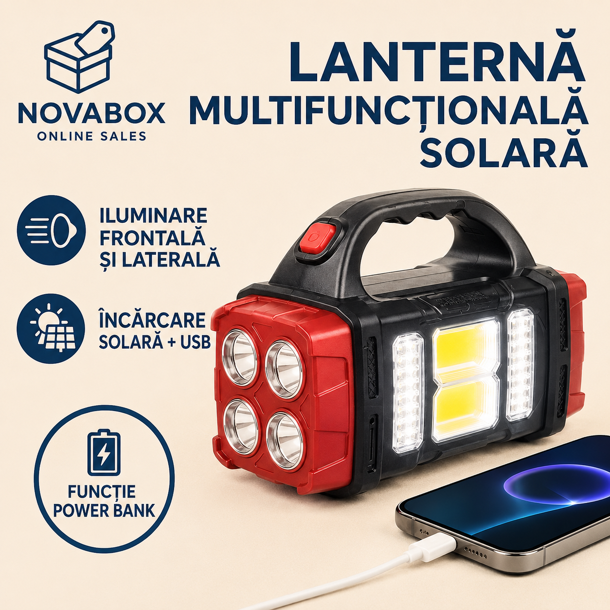 Lanternă Solară Multifuncțională NOVABOX, LED COB, Reîncărcabilă prin USB, Funcție Power Bank, pentru Camping și Urgențe