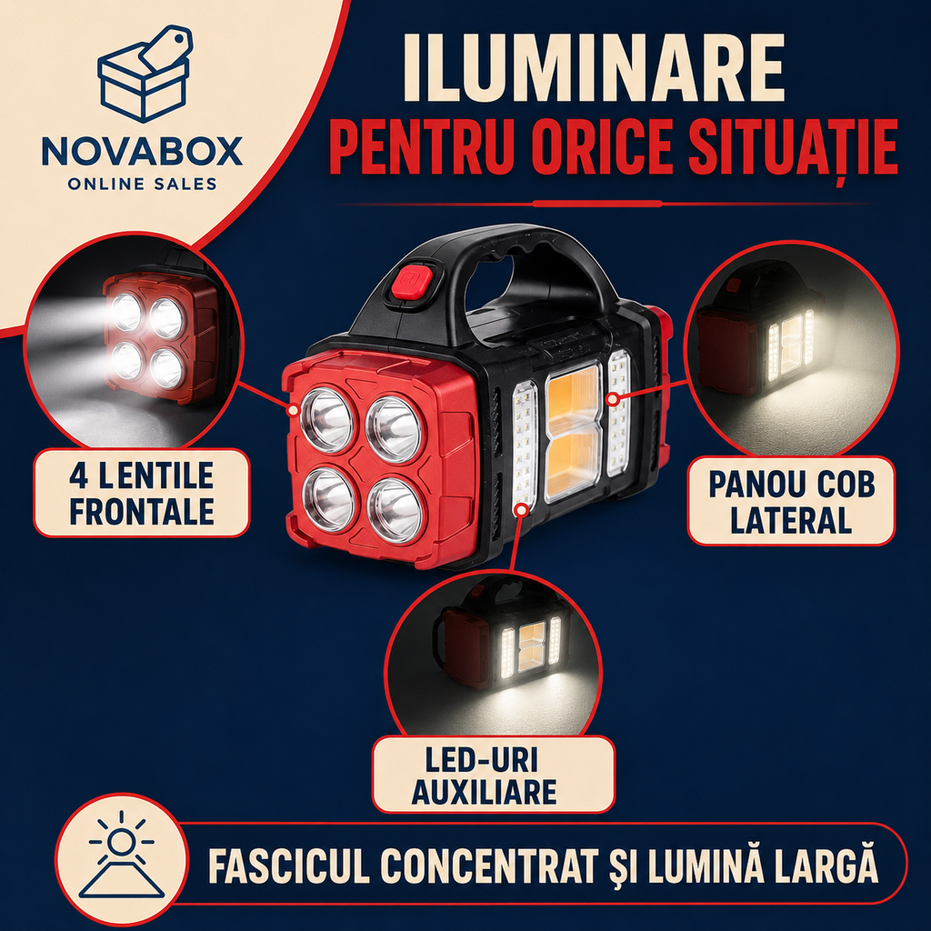 Lanternă Solară Multifuncțională NOVABOX, LED COB, Reîncărcabilă prin USB, Funcție Power Bank, pentru Camping și Urgențe