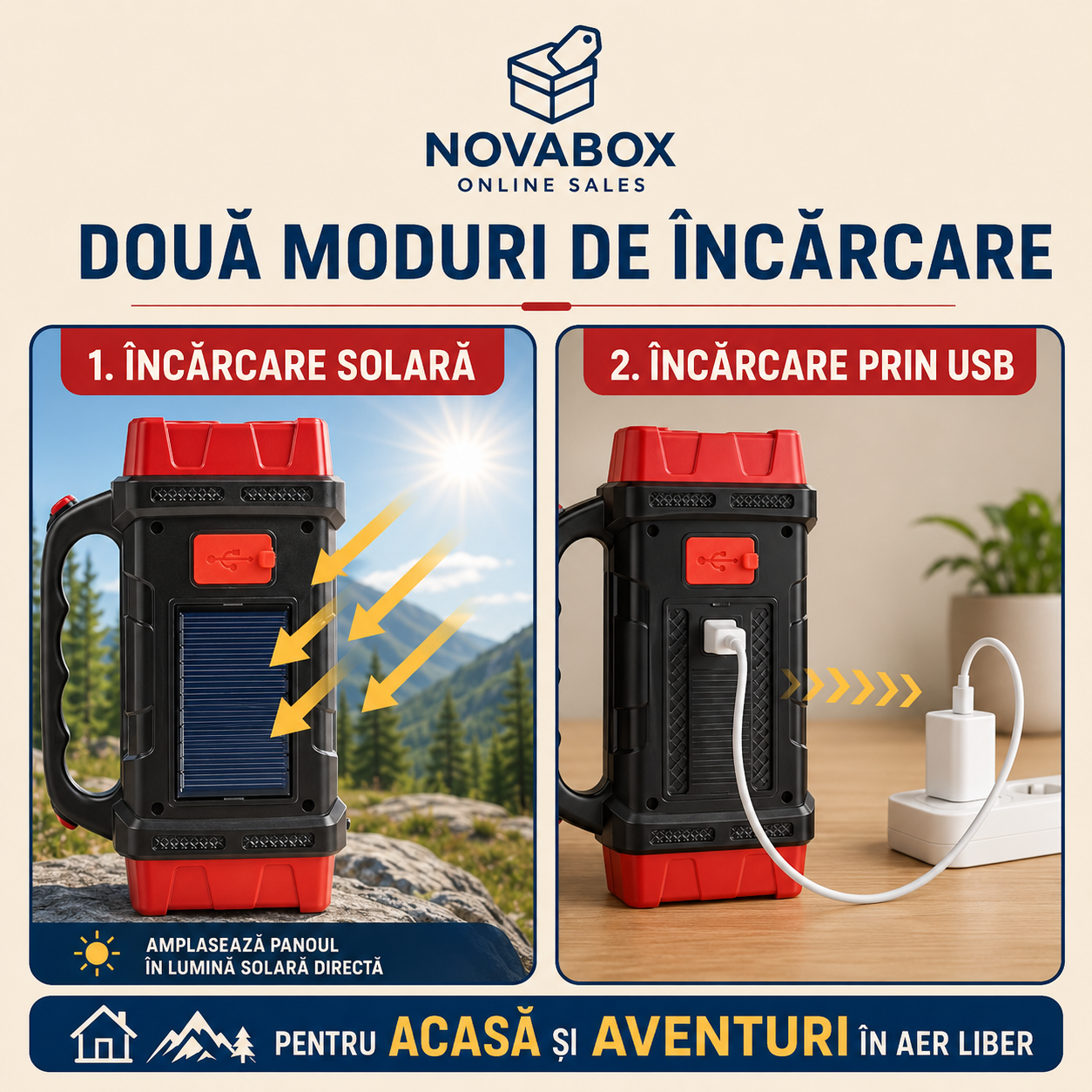 Lanternă Solară Multifuncțională NOVABOX, LED COB, Reîncărcabilă prin USB, Funcție Power Bank, pentru Camping și Urgențe