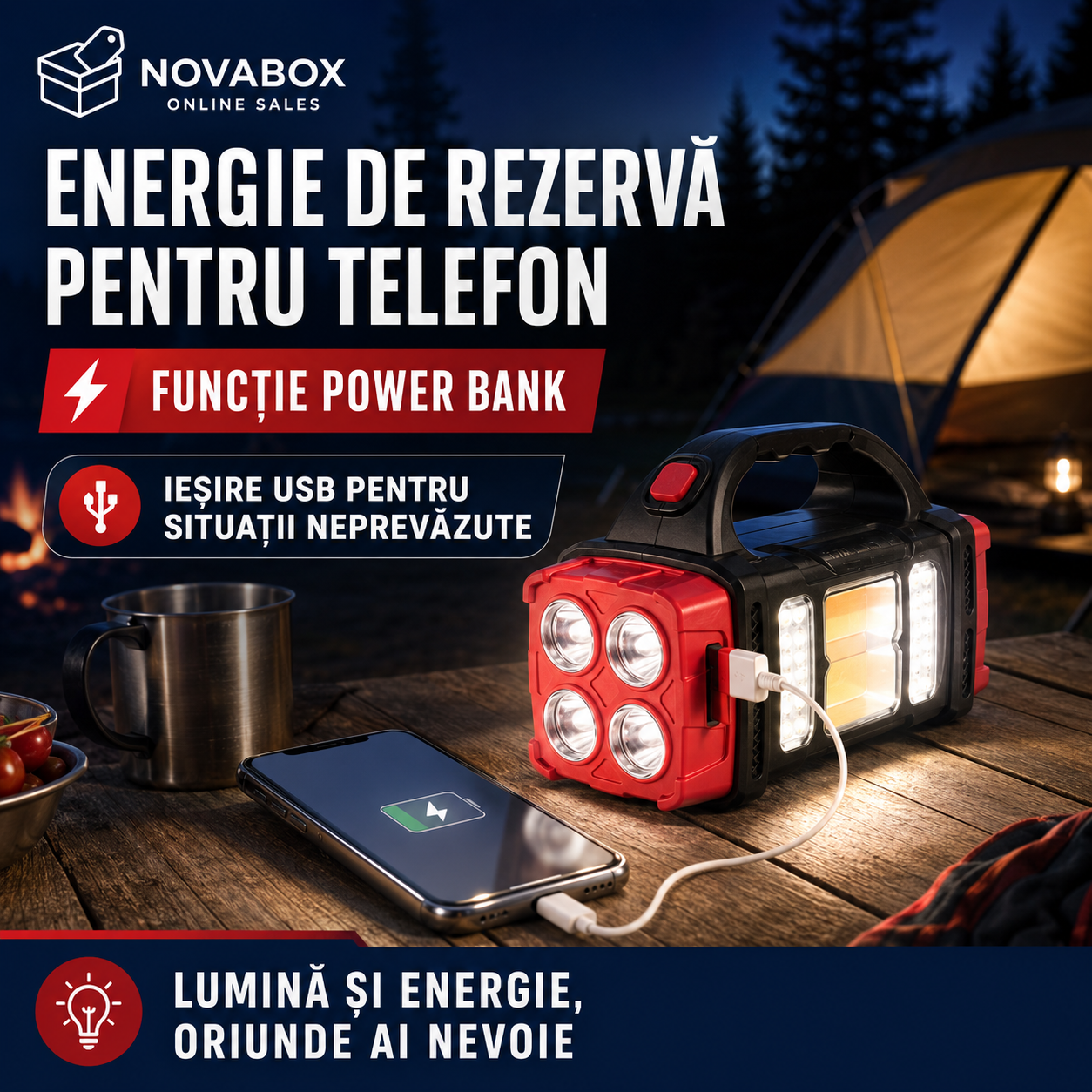 Lanternă Solară Multifuncțională NOVABOX, LED COB, Reîncărcabilă prin USB, Funcție Power Bank, pentru Camping și Urgențe