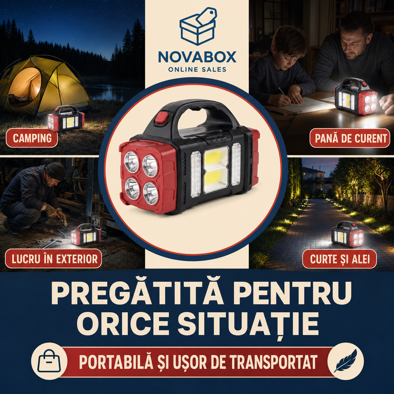 Lanternă Solară Multifuncțională NOVABOX, LED COB, Reîncărcabilă prin USB, Funcție Power Bank, pentru Camping și Urgențe