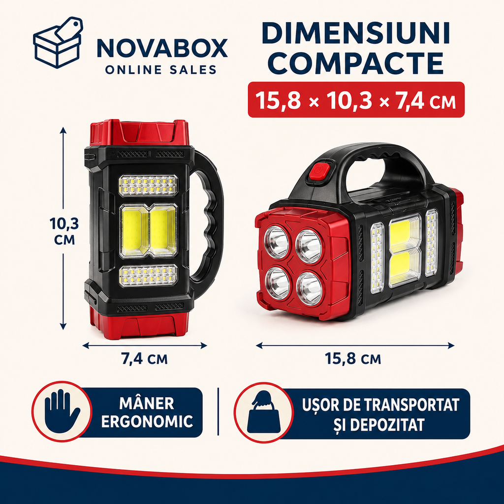 Lanternă Solară Multifuncțională NOVABOX, LED COB, Reîncărcabilă prin USB, Funcție Power Bank, pentru Camping și Urgențe