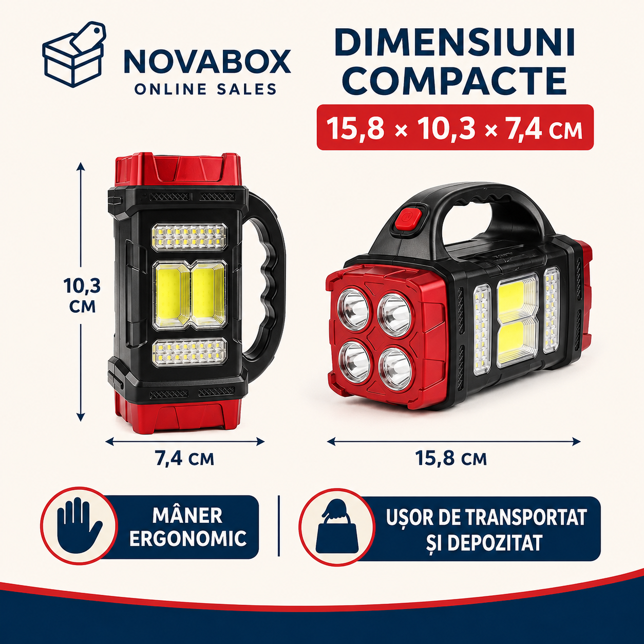 Lanternă Solară Multifuncțională NOVABOX, LED COB, Reîncărcabilă prin USB, Funcție Power Bank, pentru Camping și Urgențe