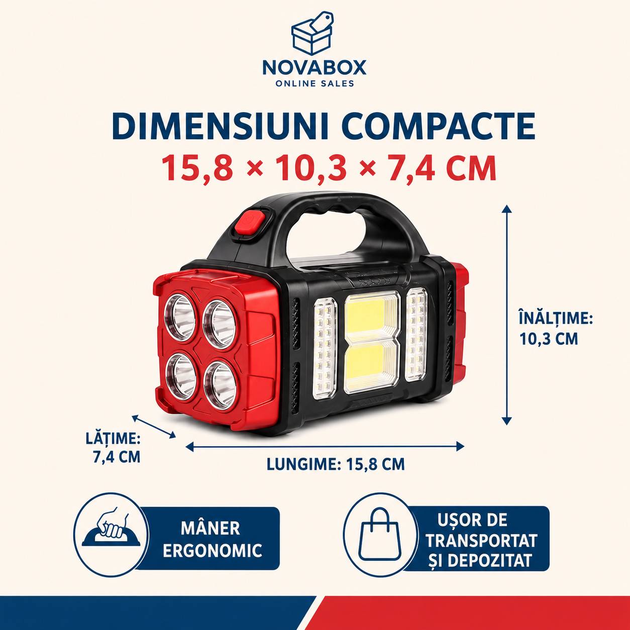 Lanternă Solară Multifuncțională NOVABOX, LED COB, Reîncărcabilă prin USB, Funcție Power Bank, pentru Camping și Urgențe