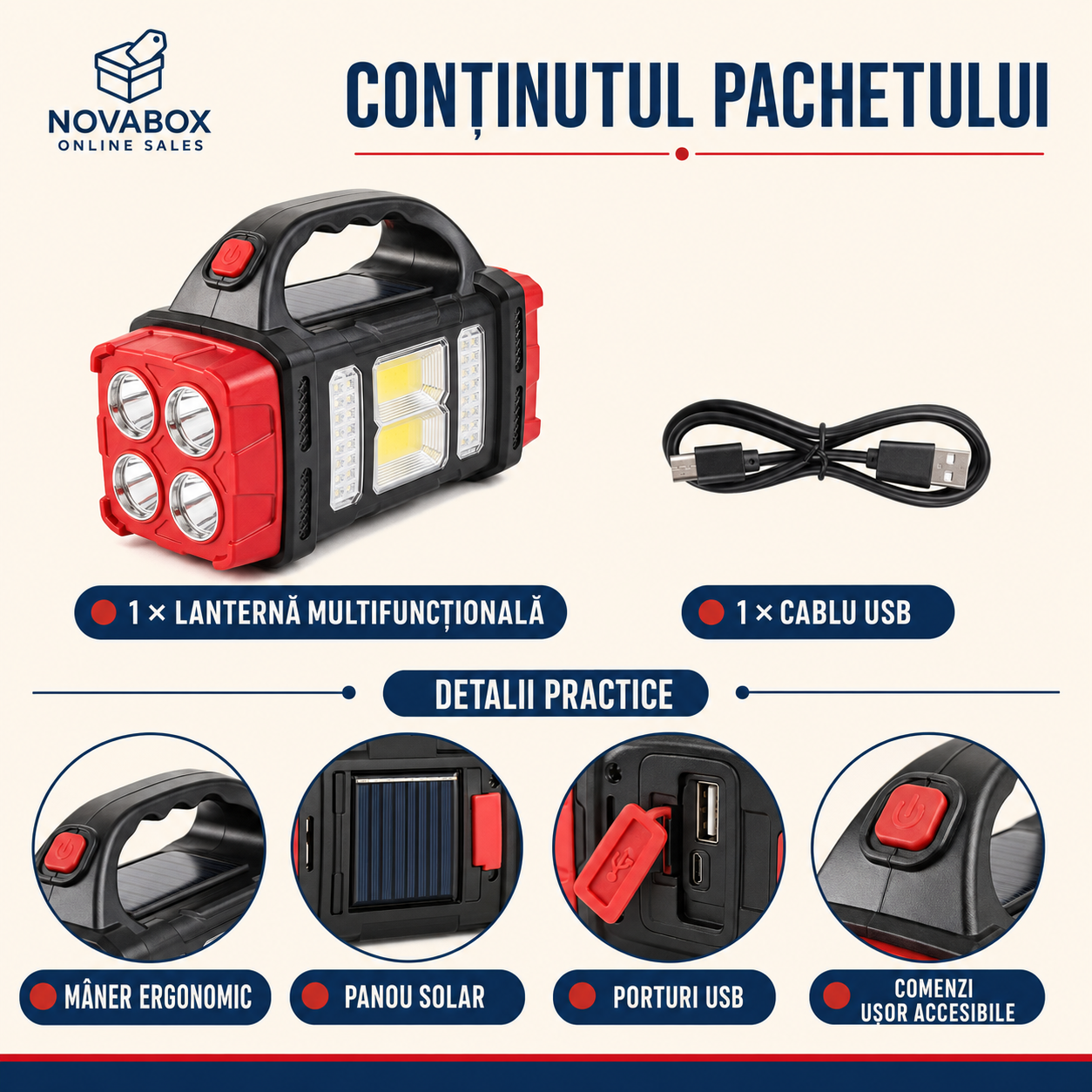 Lanternă Solară Multifuncțională NOVABOX, LED COB, Reîncărcabilă prin USB, Funcție Power Bank, pentru Camping și Urgențe