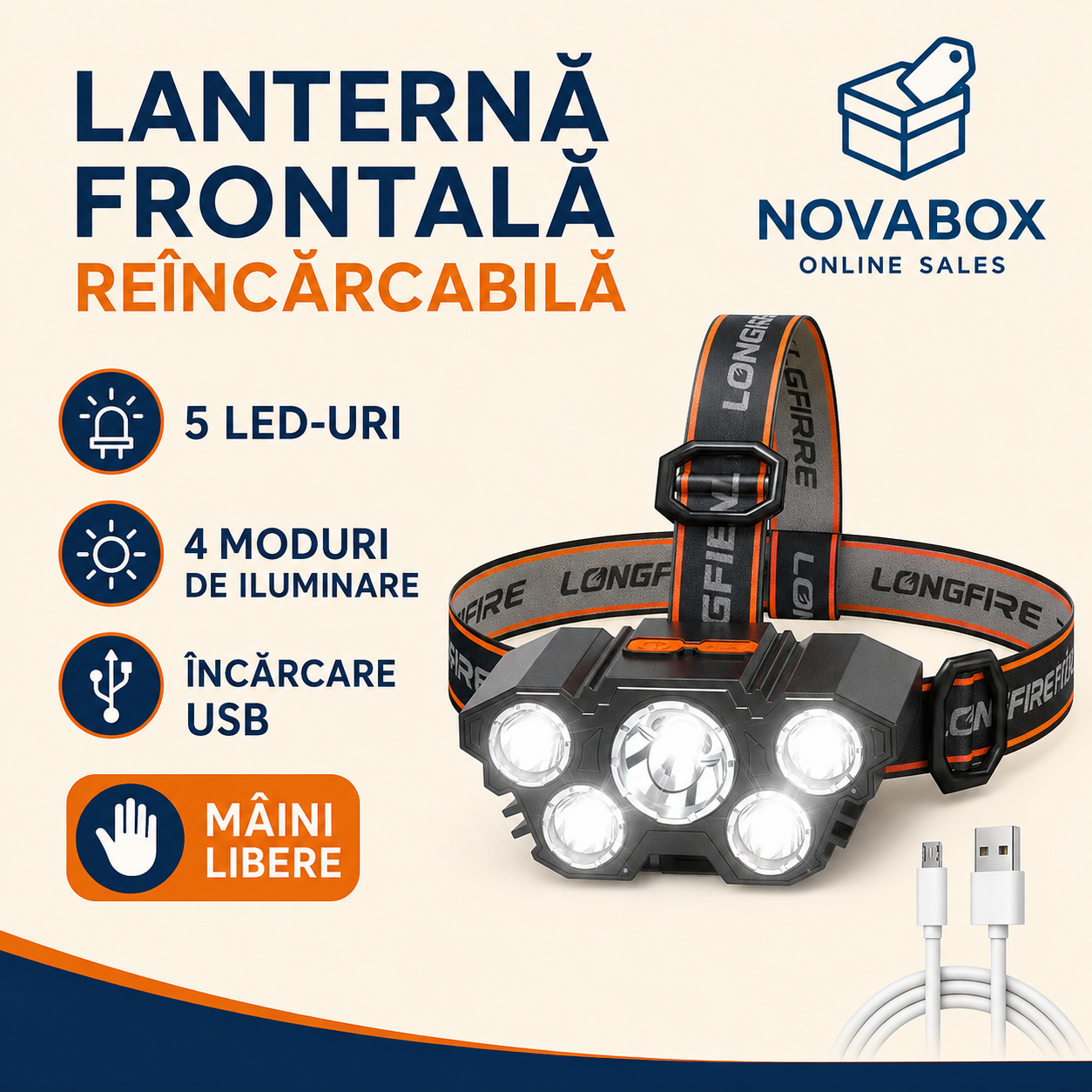 Lanternă frontală LED NOVABOX, 5 LED-uri, reîncărcabilă USB, 4 moduri de iluminare, acumulator integrat, bandă reglabilă, negru-portocaliu