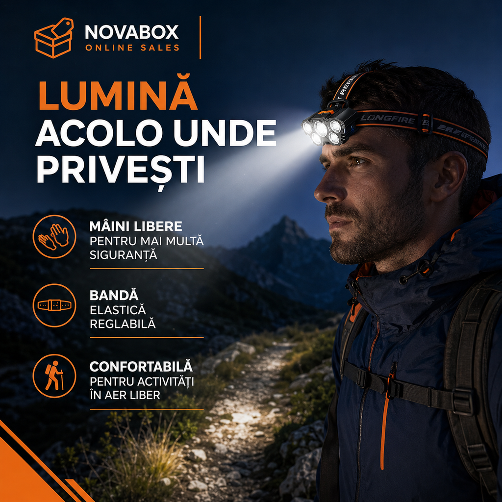 Lanternă frontală LED NOVABOX, 5 LED-uri, reîncărcabilă USB, 4 moduri de iluminare, acumulator integrat, bandă reglabilă, negru-portocaliu