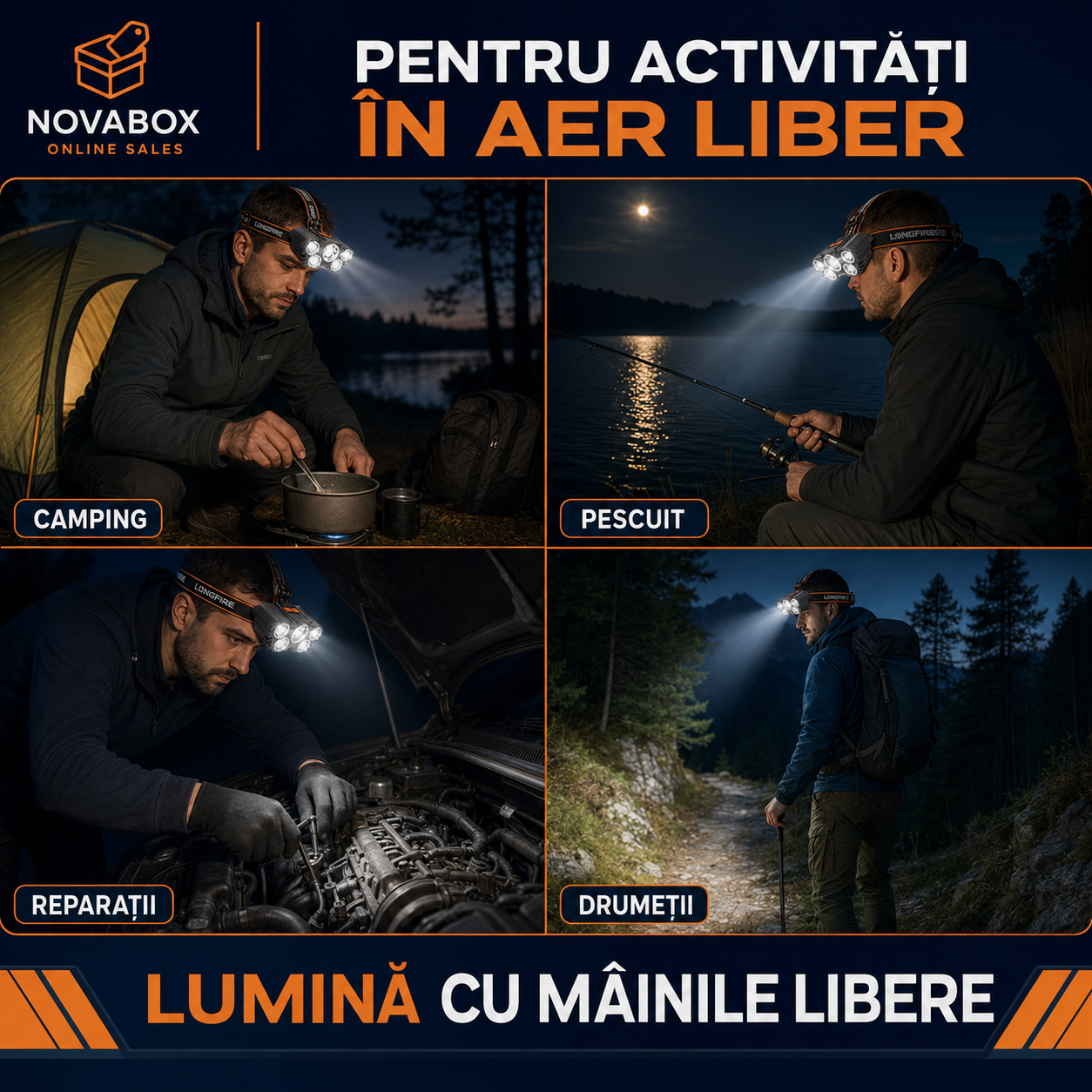 Lanternă frontală LED NOVABOX, 5 LED-uri, reîncărcabilă USB, 4 moduri de iluminare, acumulator integrat, bandă reglabilă, negru-portocaliu