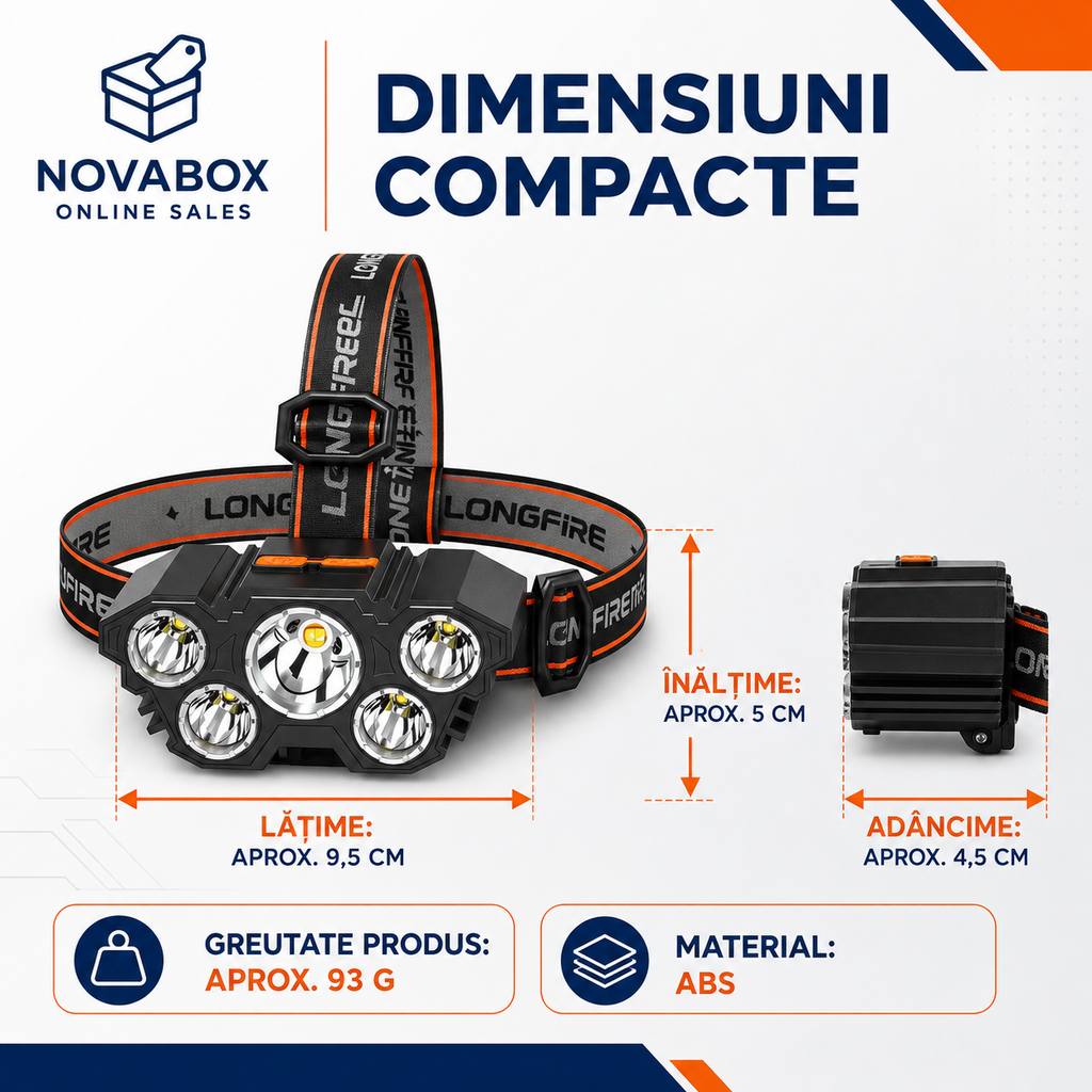 Lanternă frontală LED NOVABOX, 5 LED-uri, reîncărcabilă USB, 4 moduri de iluminare, acumulator integrat, bandă reglabilă, negru-portocaliu