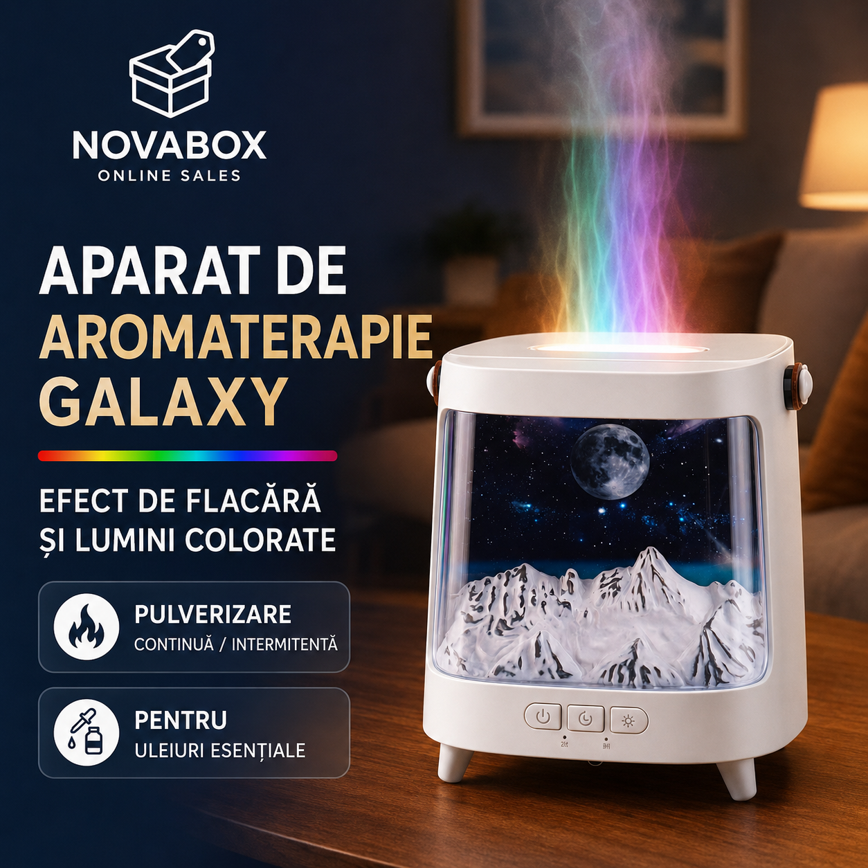 Aparat de Aromaterapie NOVABOX Galaxy – Difuzor cu Simulare de Flacără și Lumini Ambientale