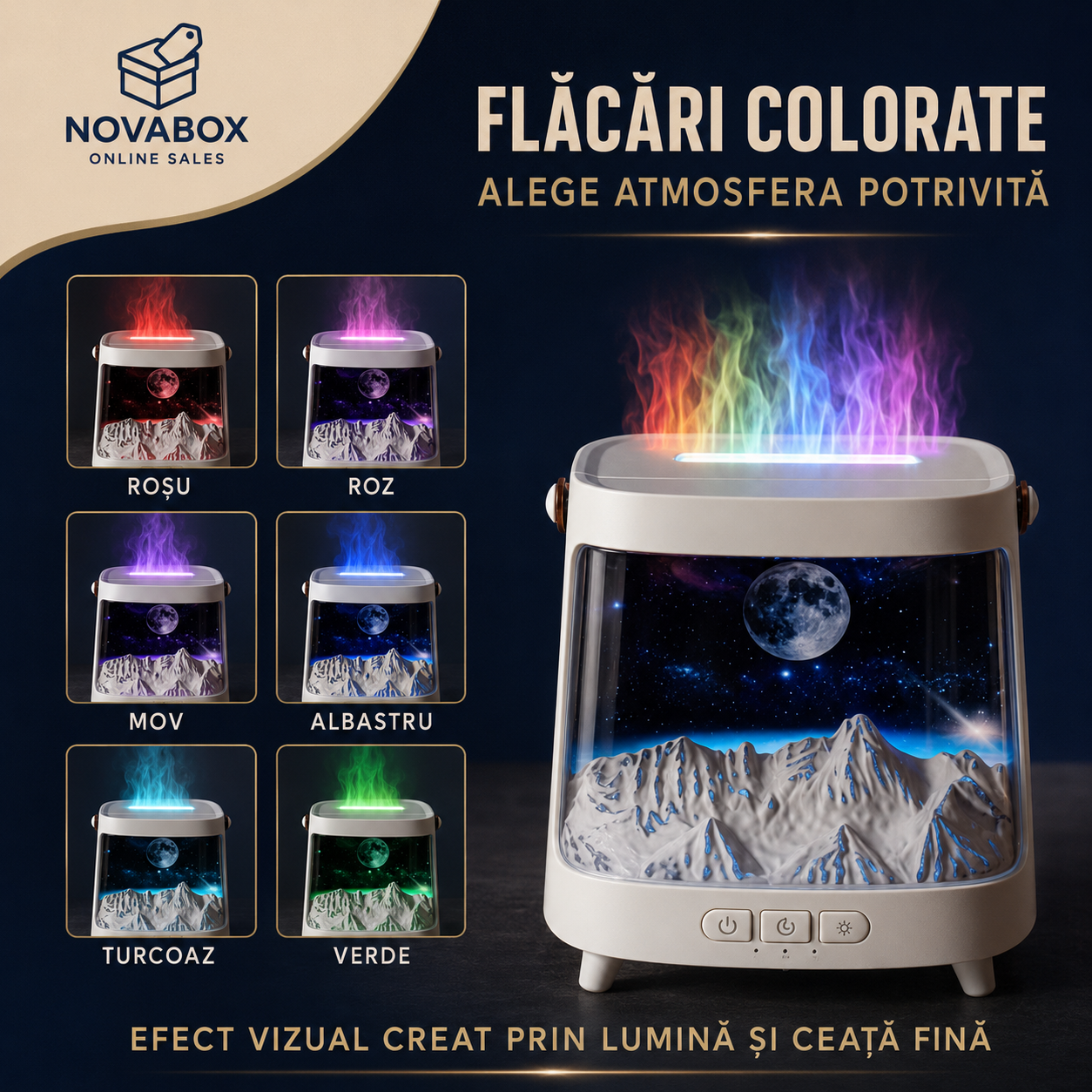 Aparat de Aromaterapie NOVABOX Galaxy – Difuzor cu Simulare de Flacără și Lumini Ambientale