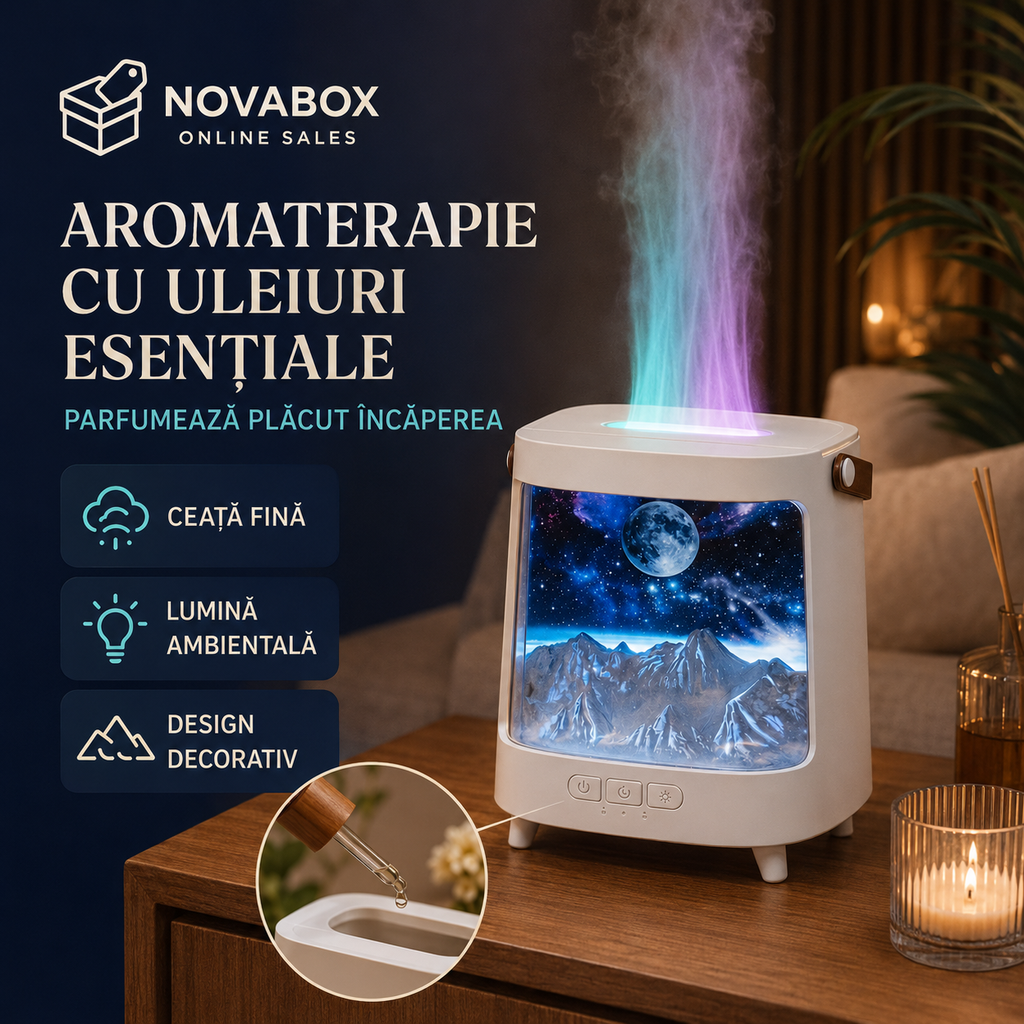 Aparat de Aromaterapie NOVABOX Galaxy – Difuzor cu Simulare de Flacără și Lumini Ambientale