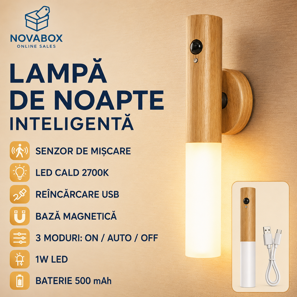 Lampă Inteligentă de Noapte din Lemn, cu Senzor de Mișcare și Montaj Magnetic, 1W, Reîncărcabilă USB