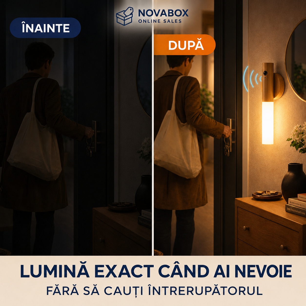 Lampă Inteligentă de Noapte din Lemn, cu Senzor de Mișcare și Montaj Magnetic, 1W, Reîncărcabilă USB