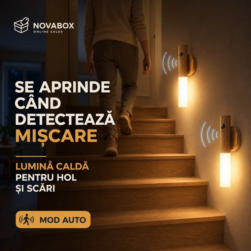 Lampă Inteligentă de Noapte din Lemn, cu Senzor de Mișcare și Montaj Magnetic, 1W, Reîncărcabilă USB