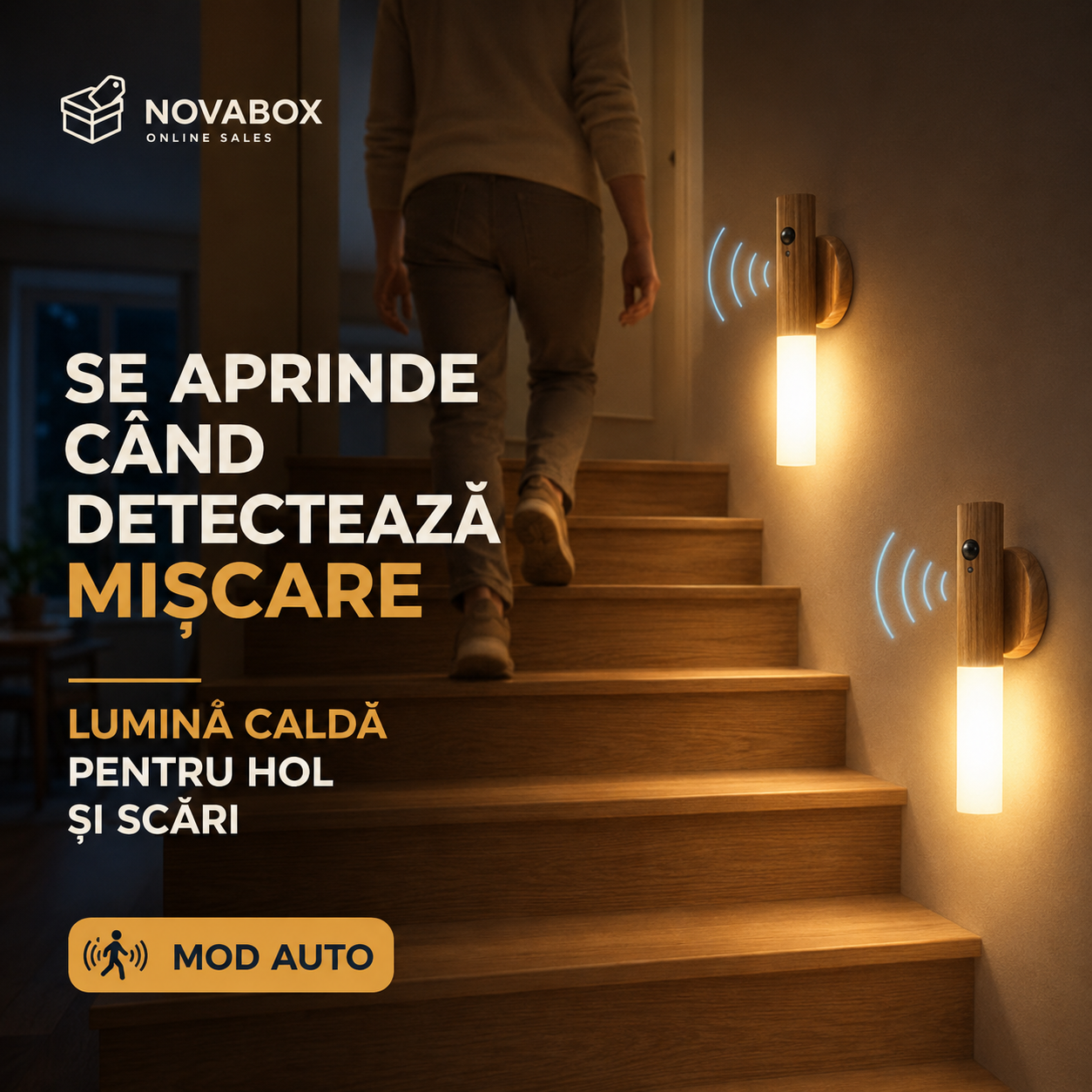 Lampă Inteligentă de Noapte din Lemn, cu Senzor de Mișcare și Montaj Magnetic, 1W, Reîncărcabilă USB