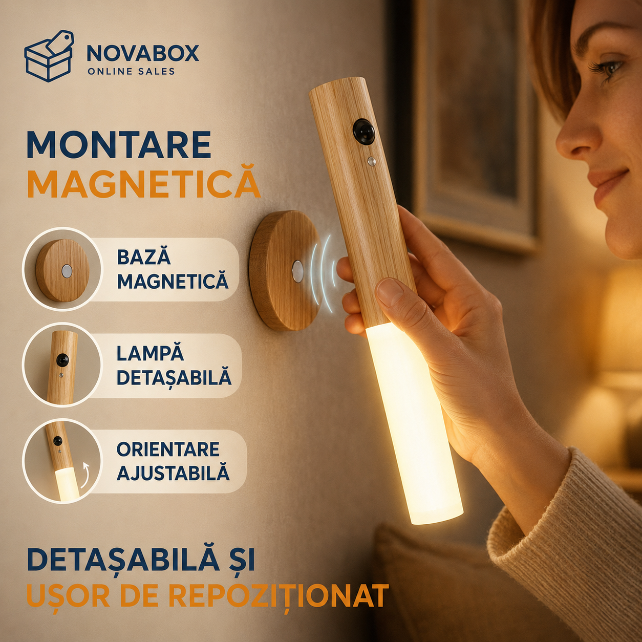 Lampă Inteligentă de Noapte din Lemn, cu Senzor de Mișcare și Montaj Magnetic, 1W, Reîncărcabilă USB