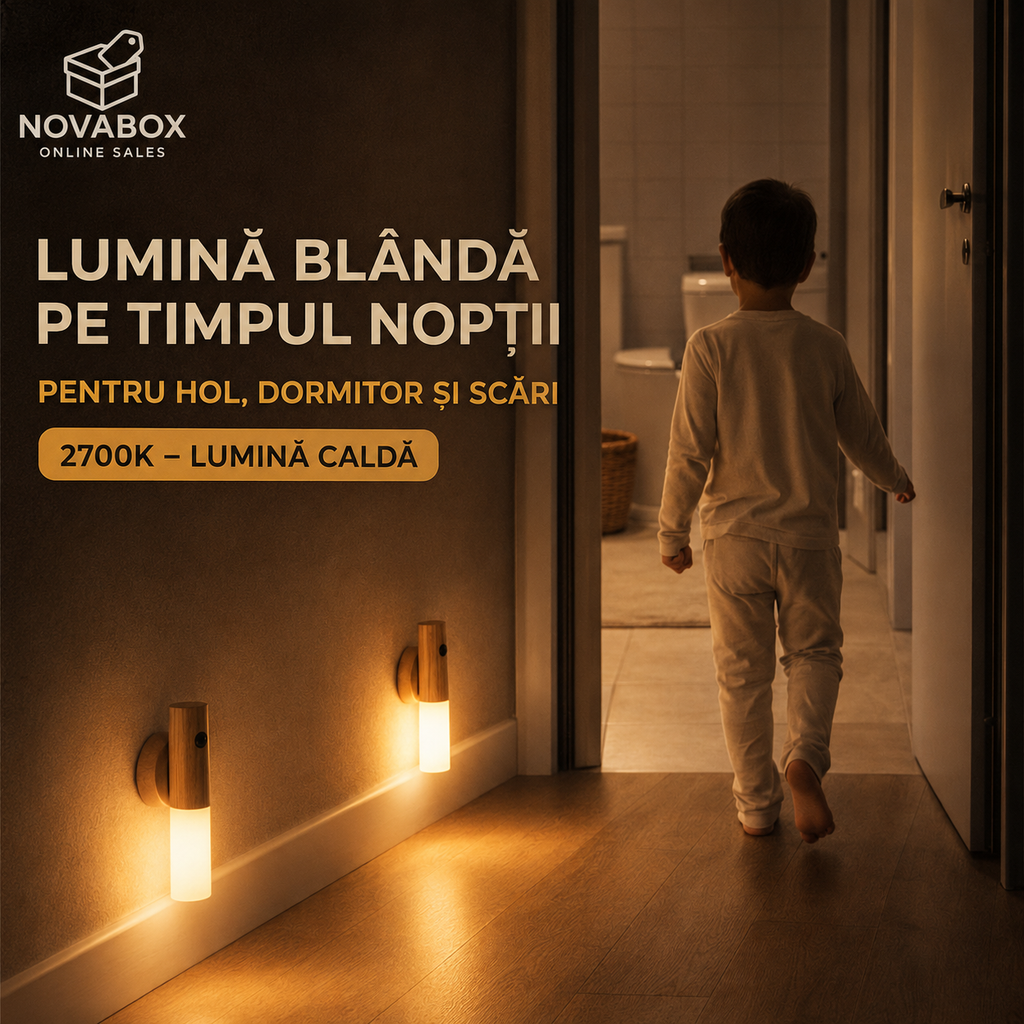 Lampă Inteligentă de Noapte din Lemn, cu Senzor de Mișcare și Montaj Magnetic, 1W, Reîncărcabilă USB