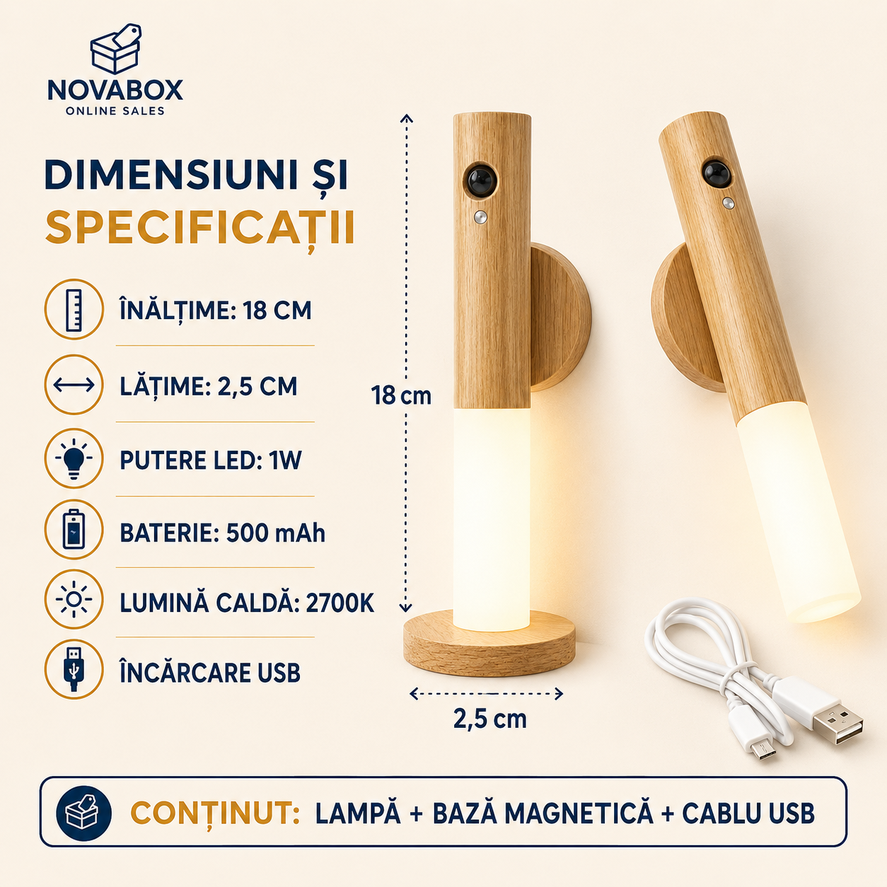 Lampă Inteligentă de Noapte din Lemn, cu Senzor de Mișcare și Montaj Magnetic, 1W, Reîncărcabilă USB