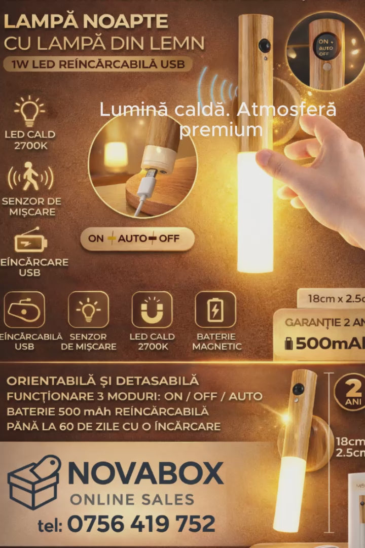 Lampă Inteligentă de Noapte din Lemn, cu Senzor de Mișcare și Montaj Magnetic, 1W, Reîncărcabilă USB