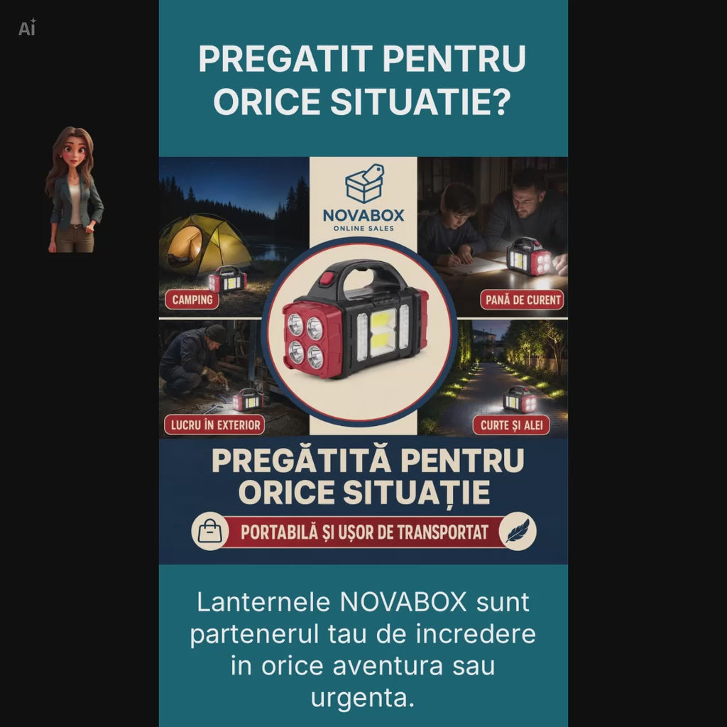 Lanternă Solară Multifuncțională NOVABOX, LED COB, Reîncărcabilă prin USB, Funcție Power Bank, pentru Camping și Urgențe