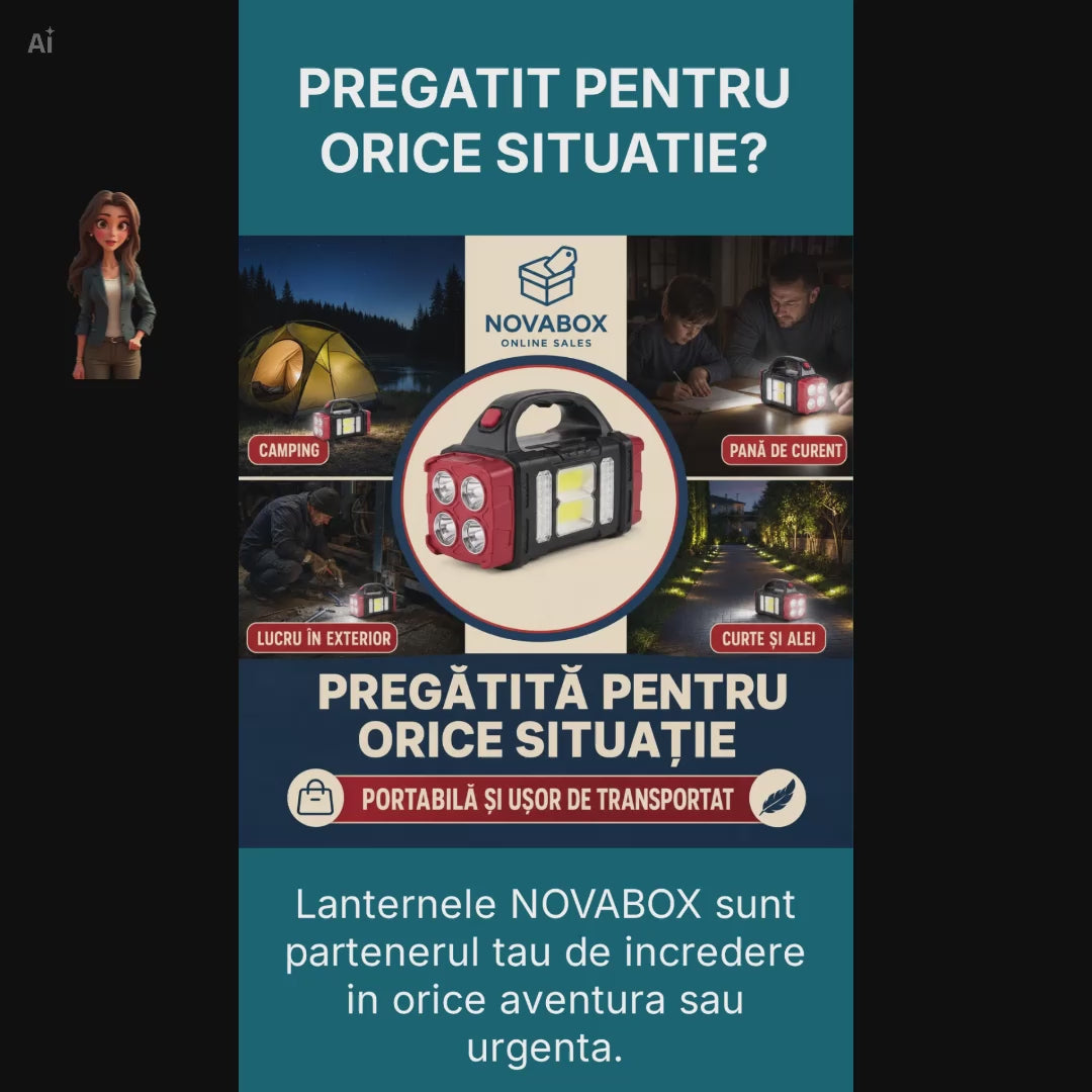 Lanternă Solară Multifuncțională NOVABOX, LED COB, Reîncărcabilă prin USB, Funcție Power Bank, pentru Camping și Urgențe